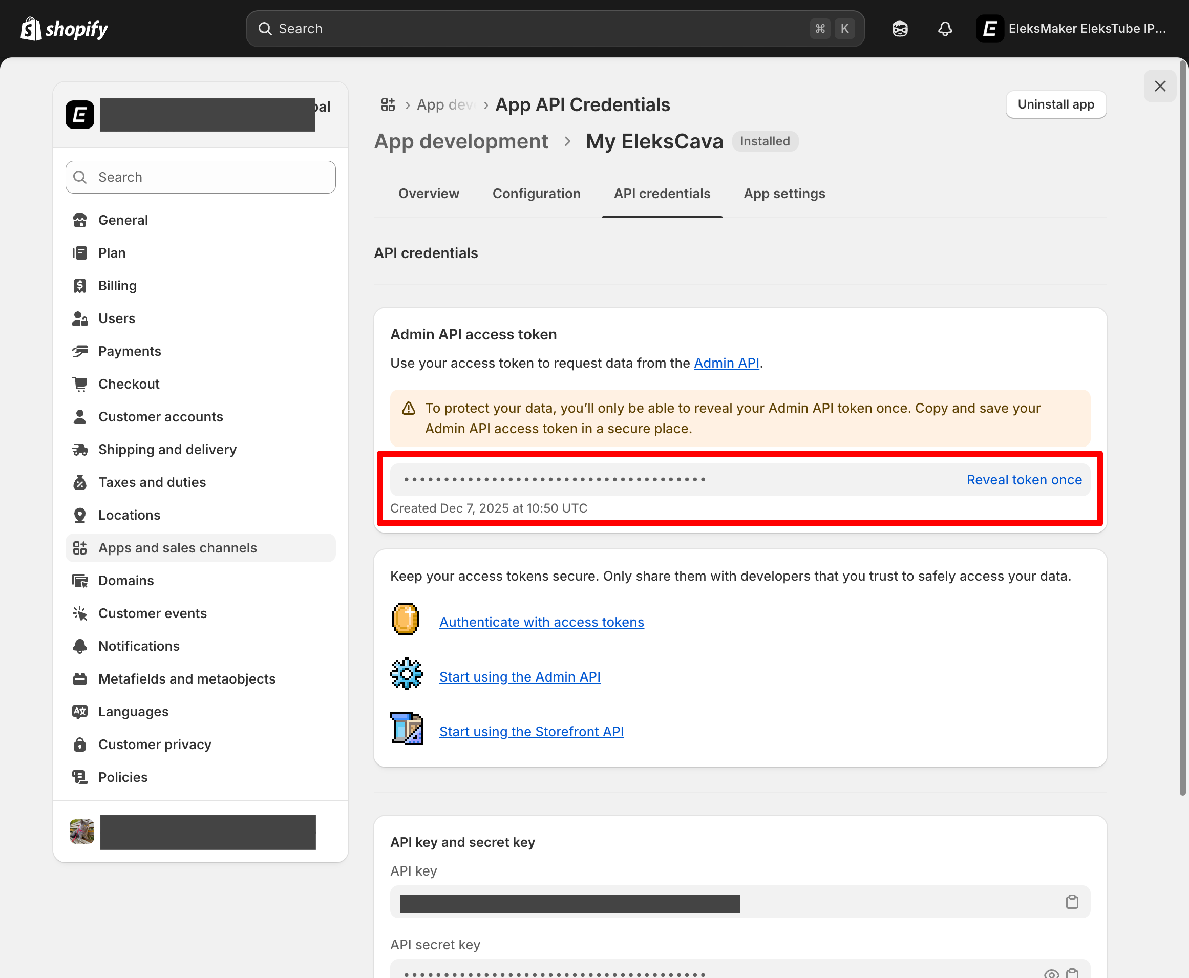 Reveal Shopify Admin API Access Token